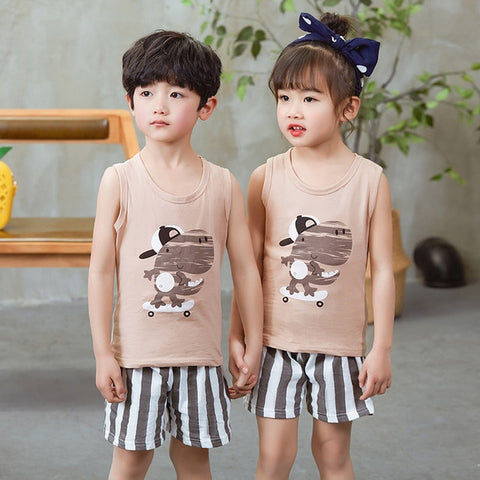 Summer Cute Cartoon 2PCS Kids Baby Boys Girls Floral Vest Top Shorts Pants Set Clothes Children Pajamas Girls Clothing Sets DS9