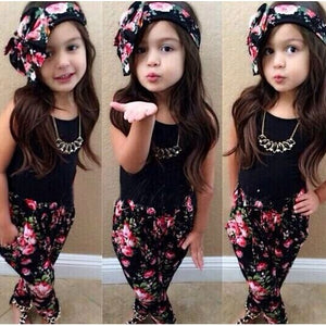 Hot Summer Kids Girls Clothes Sleeveless Black Vest Floral Pants Scarf Children Fashion Style 3pcs Children Girl Clothing Sets