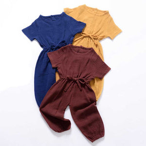 New Summer Kids Girls Clothing Sets Linen Cotton Sleeveless Solid Color Girls Jumpsuit Clothes Sets Outfits Children Suits