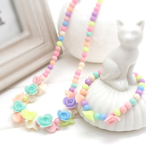 1 Set Cute Girl's Gifts Children Princess Accessories Sets Mix Macaron Color Acrylic Beads Flower Necklace and Bracelet