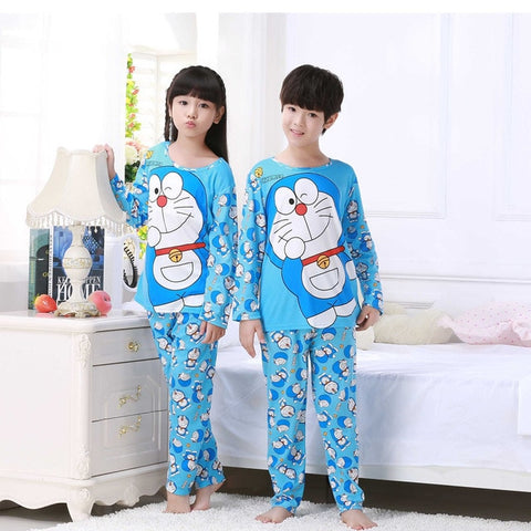 Cartoon Mickey Doraemon Pajamas Kids Boy Girl Clothes Cute Round Neck Thin Long Sleeve + Pants New Cozy Cotton Children Clothing