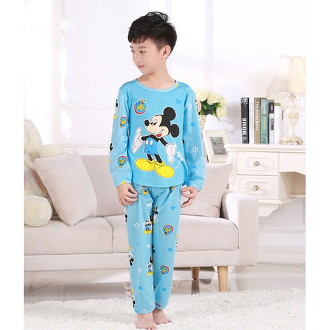 Cartoon Mickey Doraemon Pajamas Kids Boy Girl Clothes Cute Round Neck Thin Long Sleeve + Pants New Cozy Cotton Children Clothing