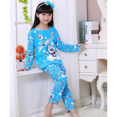 Cartoon Mickey Doraemon Pajamas Kids Boy Girl Clothes Cute Round Neck Thin Long Sleeve + Pants New Cozy Cotton Children Clothing