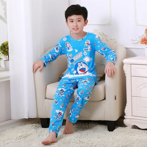 Cartoon Mickey Doraemon Pajamas Kids Boy Girl Clothes Cute Round Neck Thin Long Sleeve + Pants New Cozy Cotton Children Clothing