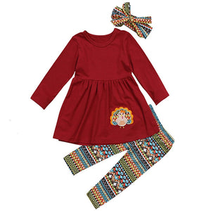 Thanksgiving Day Turkey Kids Baby Girl Clothes Tops+Leggings+Headband 3PCS Outfit Children Girls Clothing Sets 2T 3T 4T 5T 6T