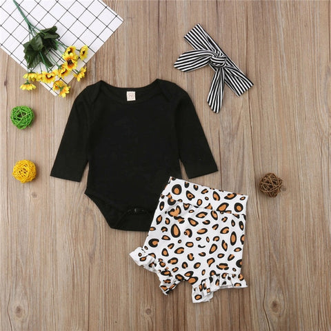 Newborn Spring Summer Clothing Set Kid Infant Baby girl Black Full Sleeve Top Bodysuit Print High Waist Shorts Striped Headband
