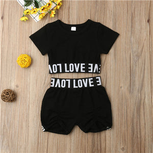 New Girl Kid Child Black Clothing Sets Short Sleeve Letter Crop Top T shirt Shorts Clothes Summer Casual Sunsuit Outfit