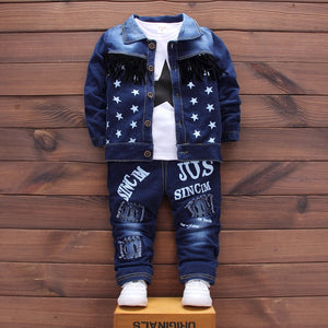 DIIMUU Hot Sale Baby Clothing Boys Fashion Kids Outfits Star Printed Jeans Coat Tops Cotton T-Shirts Elastic Long Pants 3pcs Set