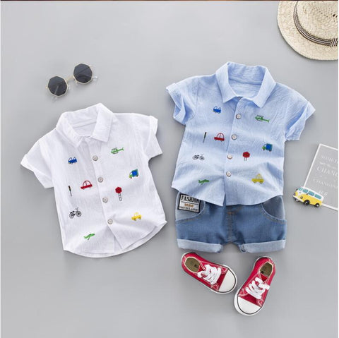 Summer Children Boys Girls Cotton Clothing Sets Baby Cartoon CAR T-shirt Denim Shorts 2Pcs/sets Fashion Kid Casual Tracksuit