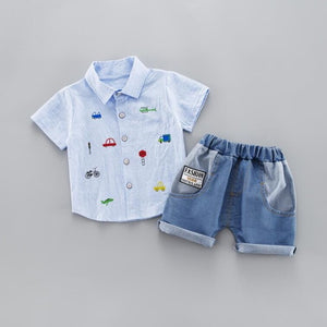 Summer Children Boys Girls Cotton Clothing Sets Baby Cartoon CAR T-shirt Denim Shorts 2Pcs/sets Fashion Kid Casual Tracksuit