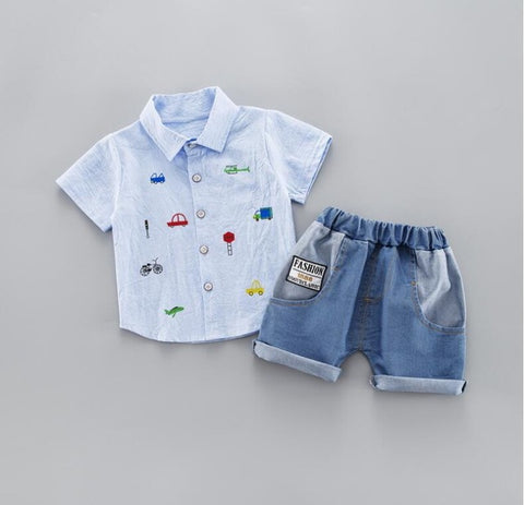 Summer Children Boys Girls Cotton Clothing Sets Baby Cartoon CAR T-shirt Denim Shorts 2Pcs/sets Fashion Kid Casual Tracksuit