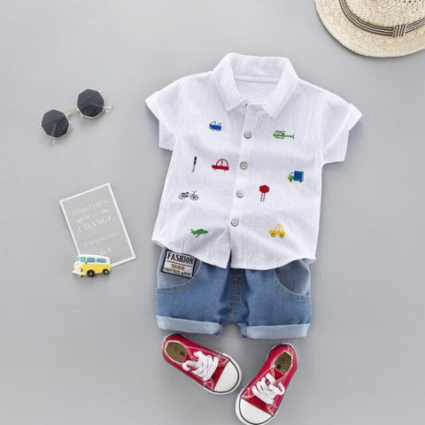 Summer Children Boys Girls Cotton Clothing Sets Baby Cartoon CAR T-shirt Denim Shorts 2Pcs/sets Fashion Kid Casual Tracksuit