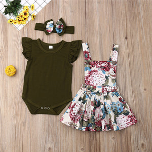 Newborn 3pcs Clothes Set Summer Fly Sleeve Baby Girls Romper Tops Tutu Skirt Headband Outfits Clothes Set Baby Clothing