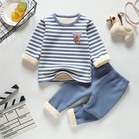 Winter Kids Sleepwear Clothes Sets Boys Girls Comfortable Clothes Kids Warm Thick Shirts + Pants Pajamas Set Stripe Clothing