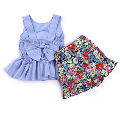 2pcs Summer Kids Baby Girls Clothing Set Sleeveless Bowknot Tops+Floral Shorts Pants Infant Cotton Clothes Sunsuit Outfits Sets