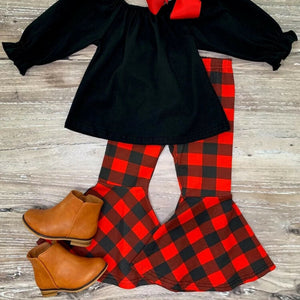 Classic Kids Baby Girl Christmas Outfits Clothes Puff Sleeve Tops Red Plaid Flared Pants Bow Headband 3Pcs Girl Xmas Sets 1-5Y