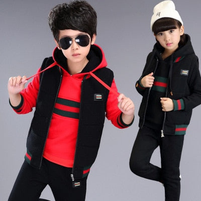 3-12 Years Winter Boy Girl Clothing Set New Casual Fashion Warm Thicken Kid Suit Children Baby Clothing Vest+coat+pant 3pcs