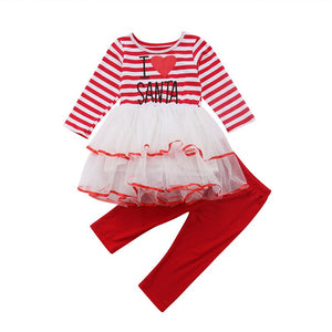 Christmas Dress Set Newborn Kids Baby Girls Red Stripe Tutu Dress Top Leggings Pants Xmas Outfits Clothes 0-5Y