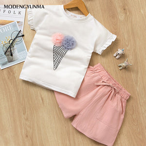 Nerlero Girls Clothing Sets Fashion Summer Cotton Ice Cream T-shirt Shorts Suit Casual Girl Costume Suit Solid 2pcs Kids Sets