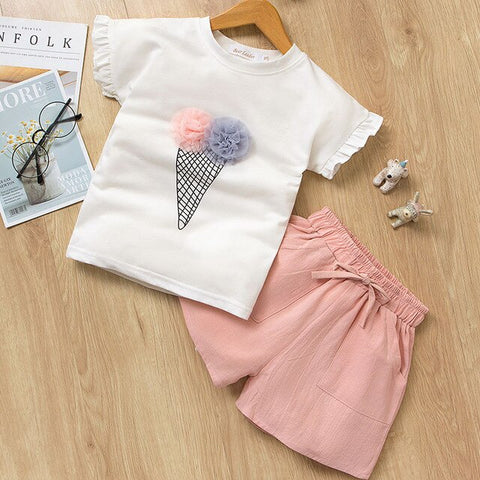 Nerlero Girls Clothing Sets Fashion Summer Cotton Ice Cream T-shirt Shorts Suit Casual Girl Costume Suit Solid 2pcs Kids Sets