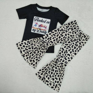 Baby girls black shirt top cow print bell bottom pants wild kids fashion hotsale ready to ship kids outfits clothing sets