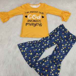 Wholesale/retail letter outfits baby girls yellow tops+flower flare pants 2 pcs set kids hipster children's clothing suits gxj