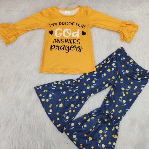 Wholesale/retail letter outfits baby girls yellow tops+flower flare pants 2 pcs set kids hipster children's clothing suits gxj