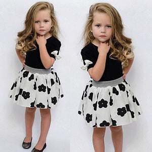 2016 Baby Girls Clothing Sets Summer Bow Short Sleeve T shirt + Floral Skirt Outfit Children Clothing Kids Clothes Suit