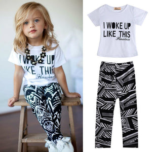 Cute Kid Girls T-shirt Tops Zebra Legging Sets Clothes Short Sleeve Letters Print Tees Pants Outfits Set Summer