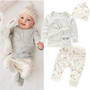 3Pcs Clothing Set!!2016 Wholesale New Infant Baby Boy Girl Bunny Long Sleeve Tops Cartoon Long Pants Hat Clothing