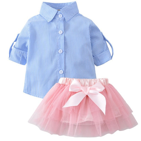 Kids Baby Girls Outfits Clothes Long sleeves T-shirt Top Striped + Lace Tutu Skirt Bow 2pcs  Children's Kids Clothing Sets