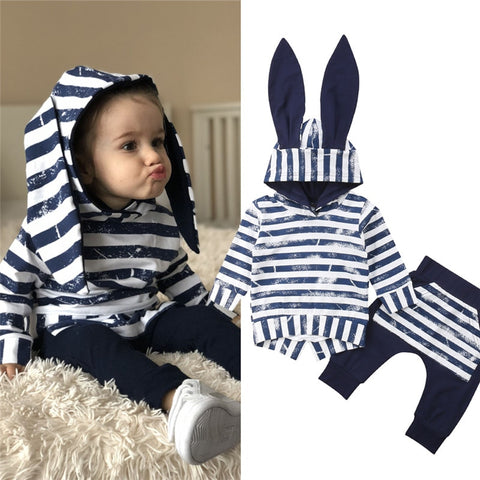 Lovely Spring Autumn Newborn Baby Girls Clothes Ear Hooded Sweatshirts+Stripe Pants Leggings Baby Boy Tracksuit Suit Outfit Set