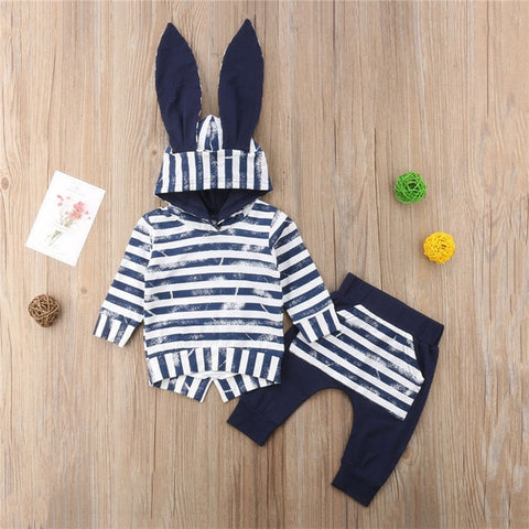 Lovely Spring Autumn Newborn Baby Girls Clothes Ear Hooded Sweatshirts+Stripe Pants Leggings Baby Boy Tracksuit Suit Outfit Set