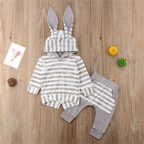 Lovely Spring Autumn Newborn Baby Girls Clothes Ear Hooded Sweatshirts+Stripe Pants Leggings Baby Boy Tracksuit Suit Outfit Set