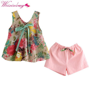 kids clothing Girls Summer Floral Printed Sleeveless Baby Vest Tops +Shorts Sets For Girls Kids Clothes Outfit Suits New 2018