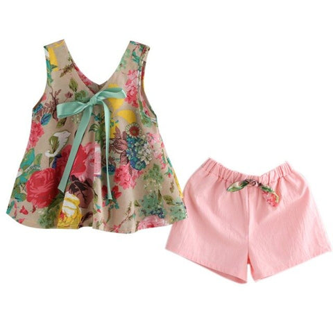 kids clothing Girls Summer Floral Printed Sleeveless Baby Vest Tops +Shorts Sets For Girls Kids Clothes Outfit Suits New 2018