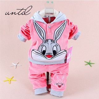 New Baby Girls Clothing Set Cartoon Velvet Rabbit Embroidery Long Sleeve Hoodie + Pants 2Pc Suit Baby Kids Clothing Sets