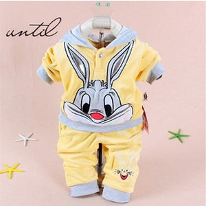 New Baby Girls Clothing Set Cartoon Velvet Rabbit Embroidery Long Sleeve Hoodie + Pants 2Pc Suit Baby Kids Clothing Sets