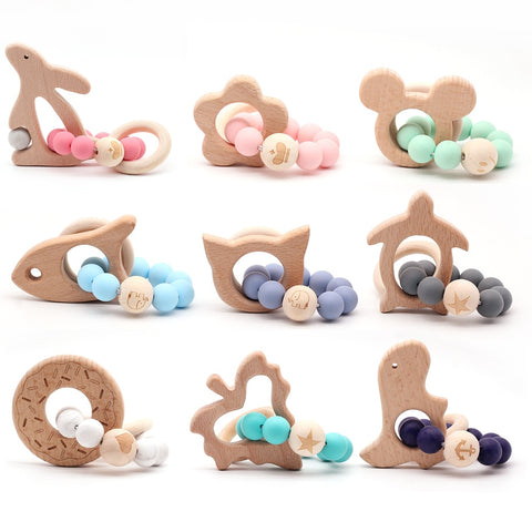 Wooden Teether Baby Bracelet Animal Shaped Jewelry Teething For Organic Wood Silicone Beads Baby Rattle Stroller Accessories Toy