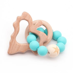 Wooden Teether Baby Bracelet Animal Shaped Jewelry Teething For Organic Wood Silicone Beads Baby Rattle Stroller Accessories Toy